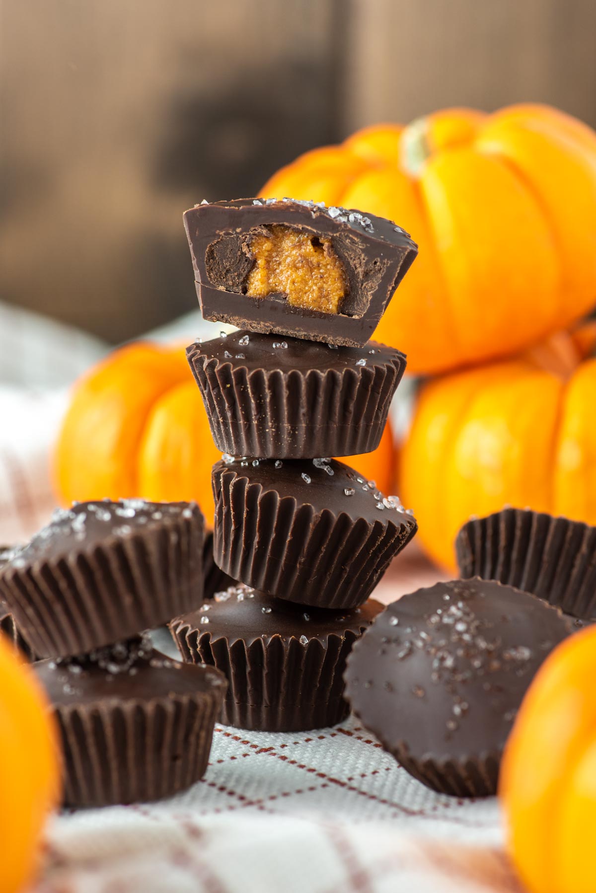 chocolate pumpkin cups stacked