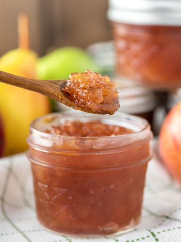 spoon dipped in apple and pear jam