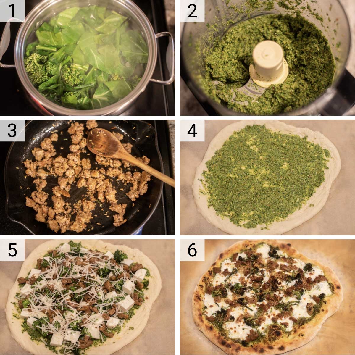 process shots of how to make broccoli rabe pizza