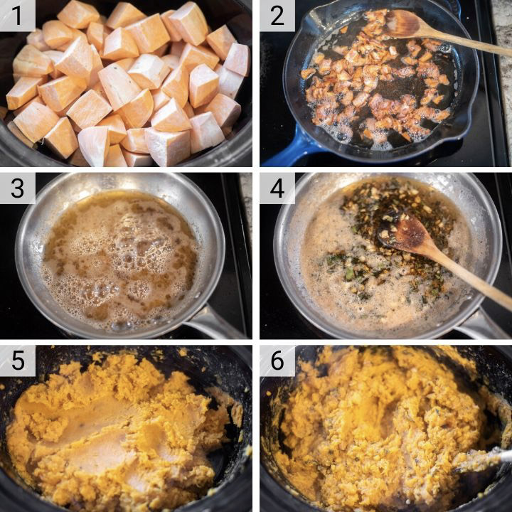 process shots of how to make slow cooker mashed sweet potatoes