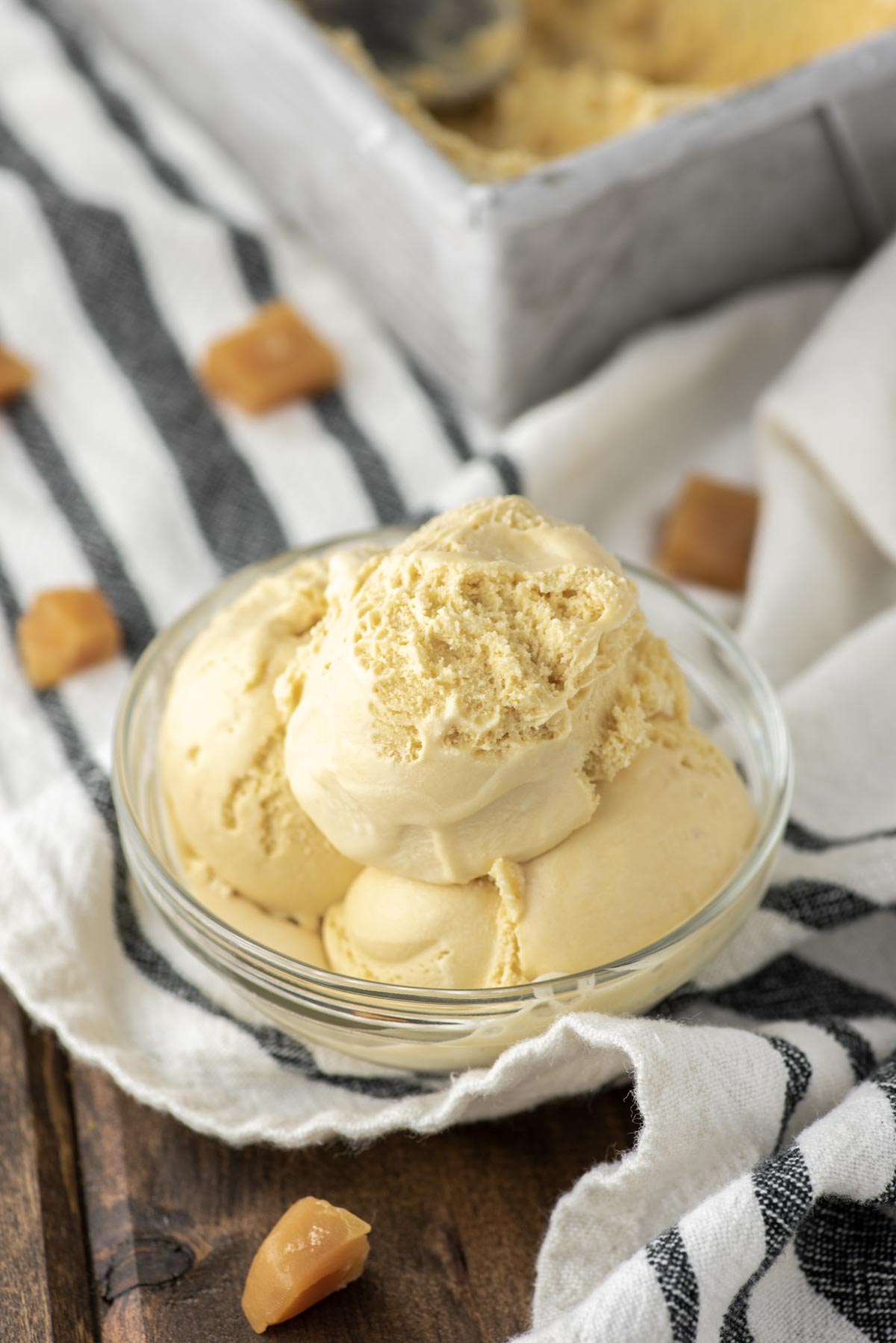 salted caramel ice cream in glass bowl