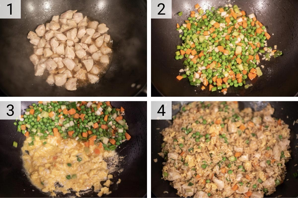 process shots of how to make chicken fried rice