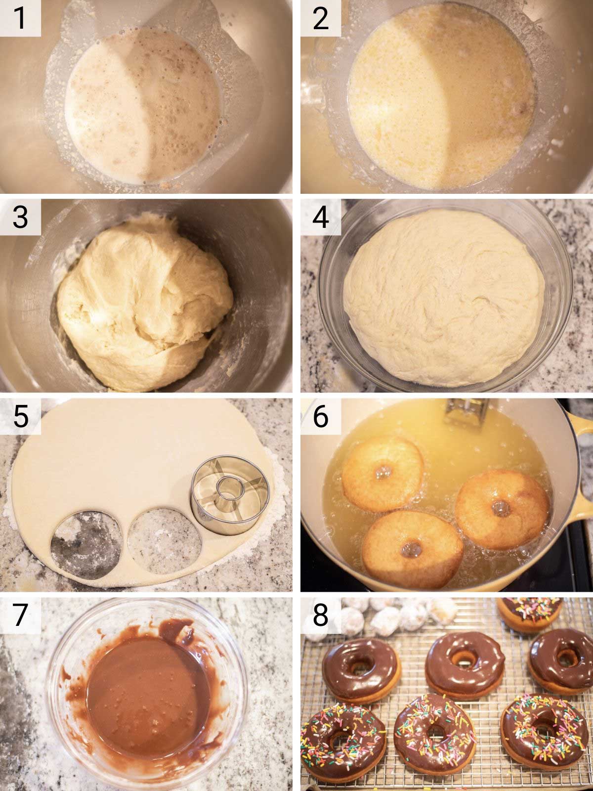 process shots of how to make chocolate frosted donuts