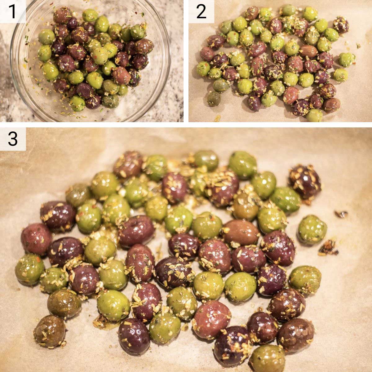 process shots of how to make marinated olives