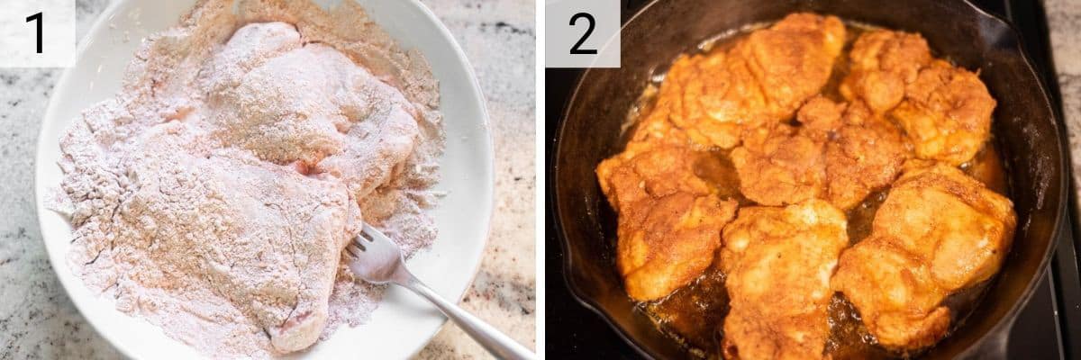 process shots of dredging chicken in flour and cooking in skillet