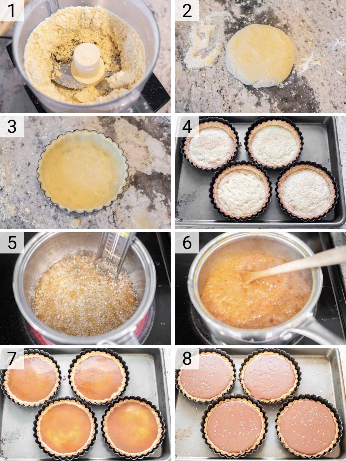 process shots of how to make chocolate caramel tart