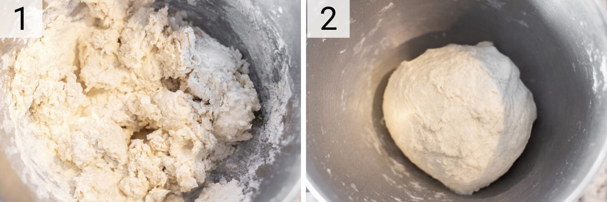 mixing and kneading croissant dough in bowl