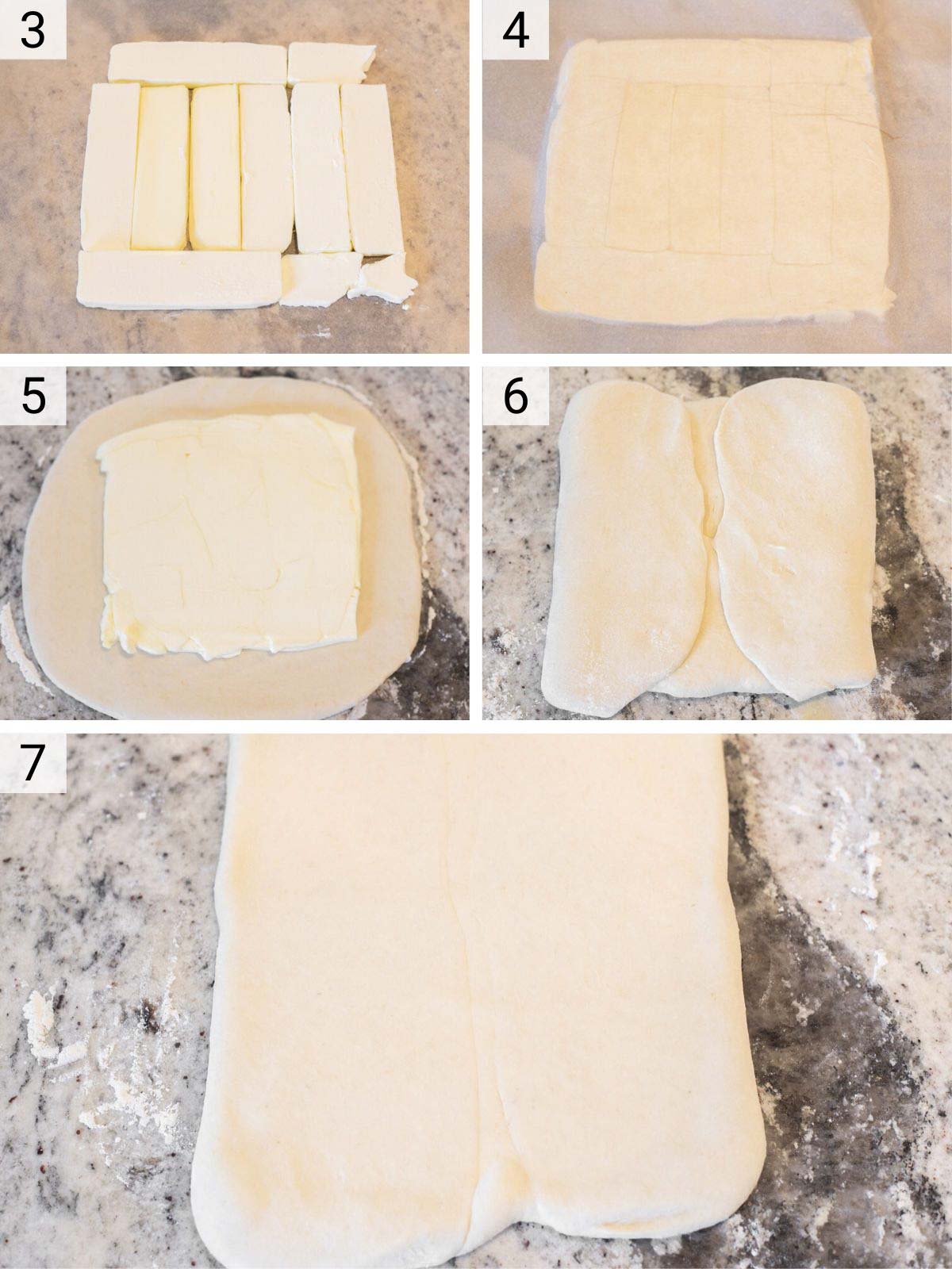 rolling out butter and croissant dough to square