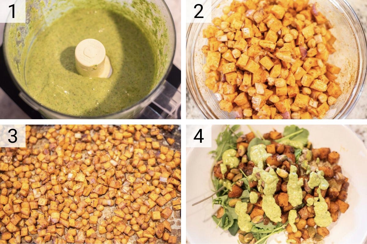 process shots of how to make quinoa sweet potato salad