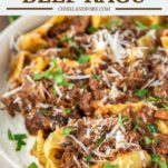 beef ragu with pappardelle in pasta bowl