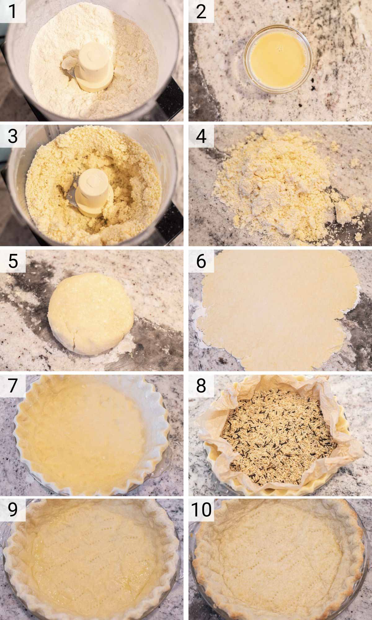 process shots of how to make pie dough and partially blind bake it