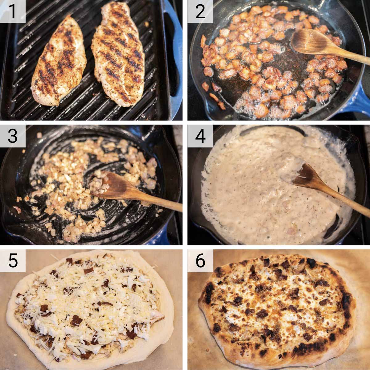 process shots of how to make chicken and bacon pizza