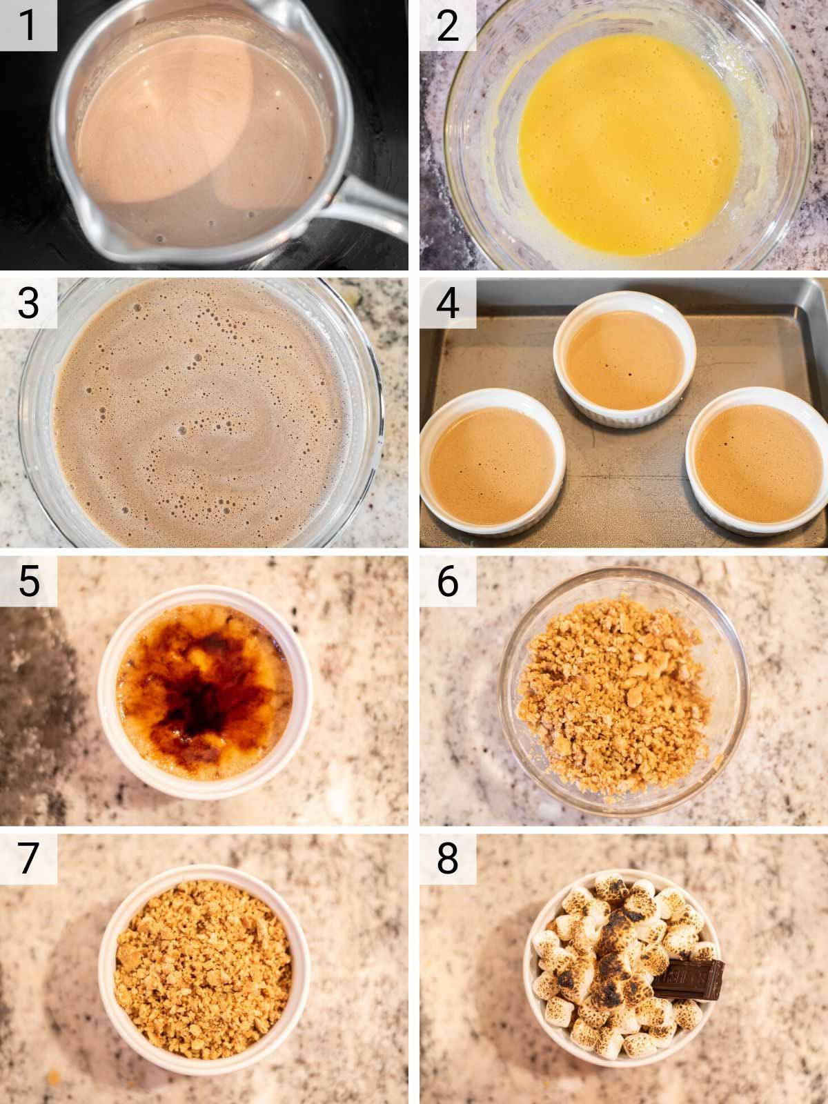process shots of how to make s'mores crème brûlée