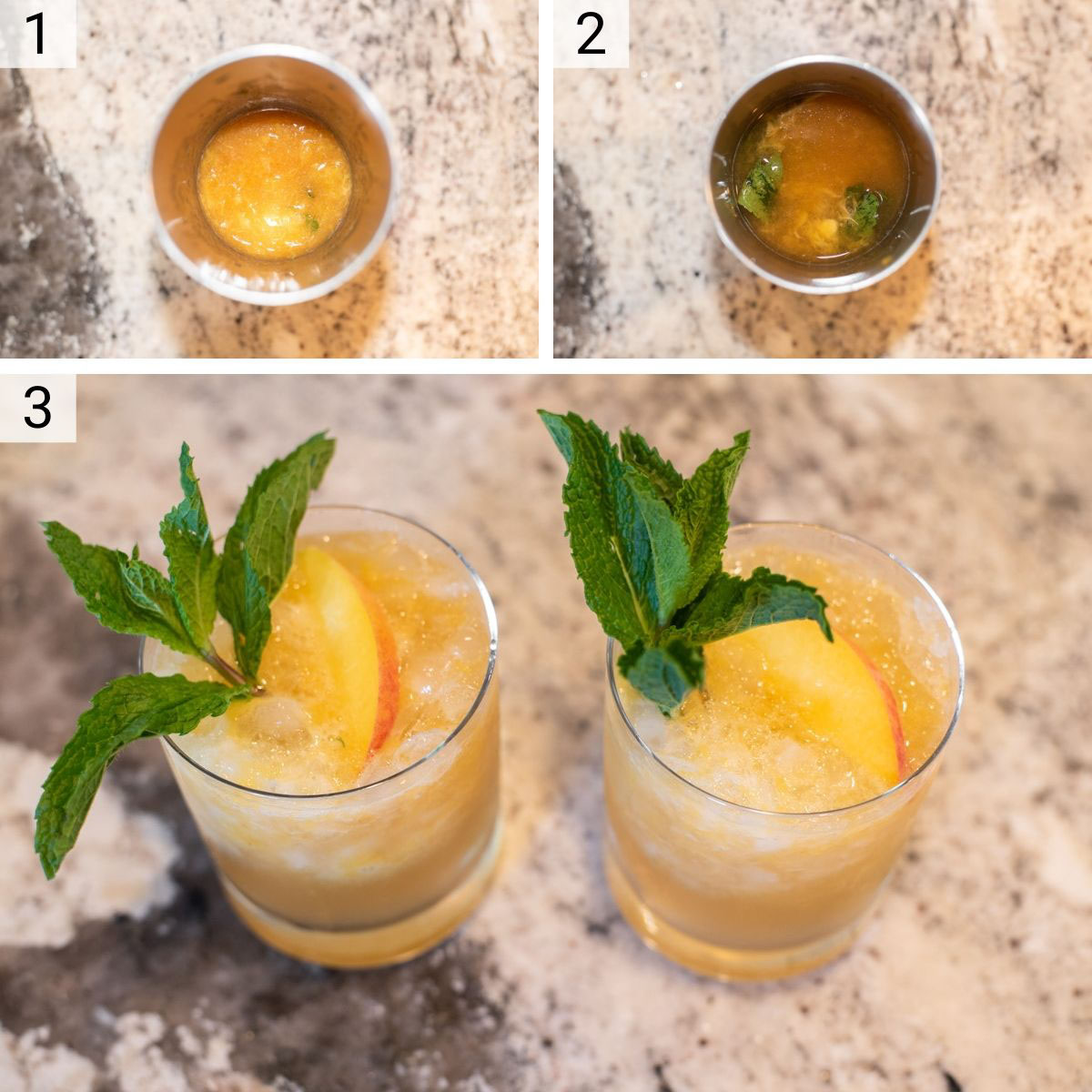 process shots of how to make bourbon peach smash cocktails