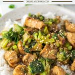 close-up of chicken and broccoli stir fry with rice on speckled plate