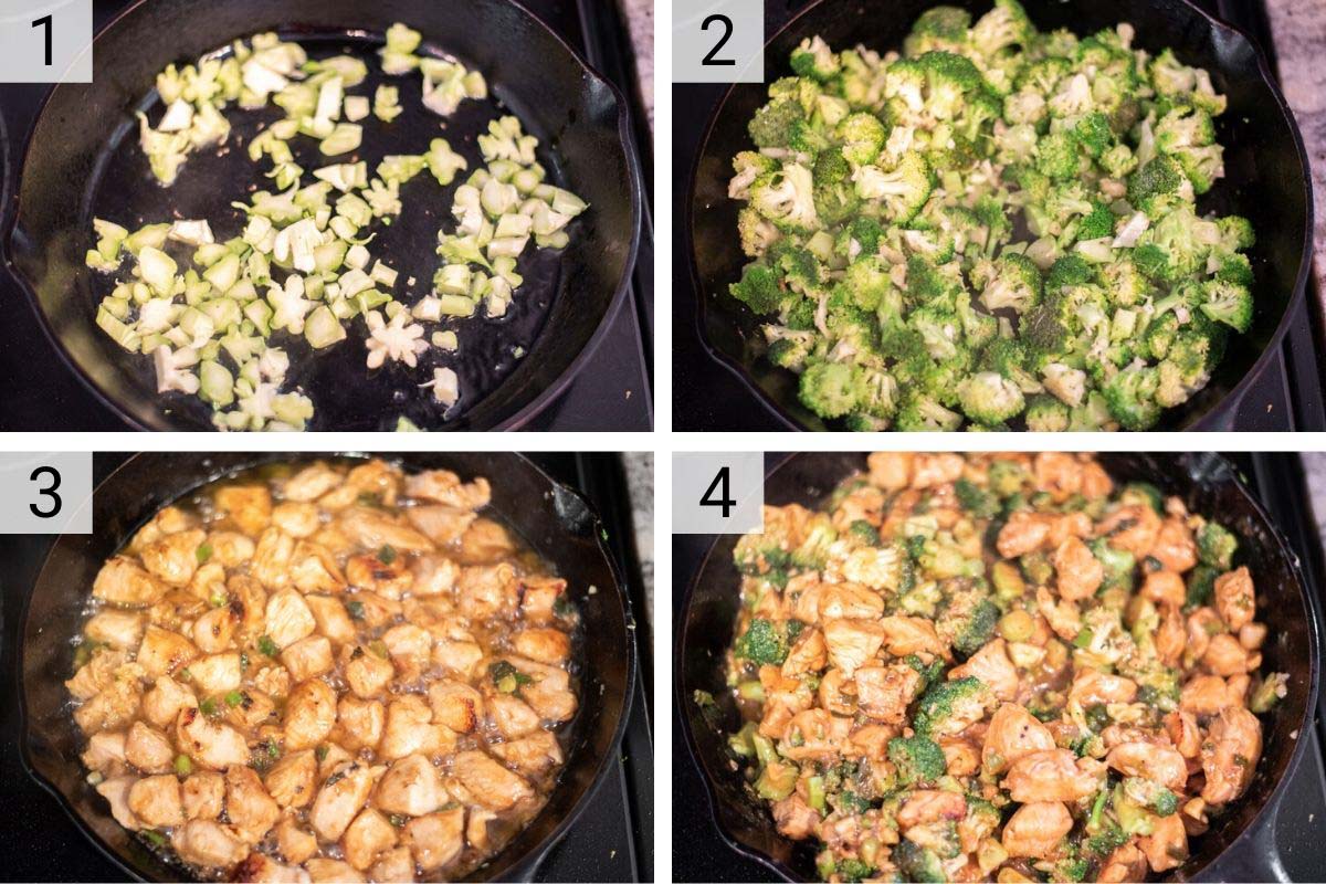 process shots of how to make chicken and broccoli stir fry