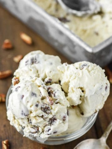 glass bowl of butter pecan ice cream