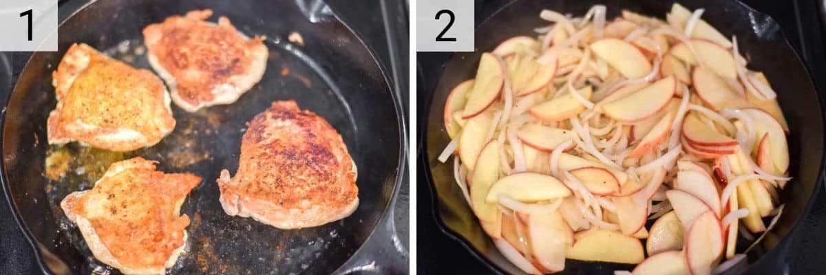 process shots of cooking chicken in skillet and then cooking apples and onions in skillet