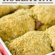 chicken rolled in breadcrumbs in red baking dish