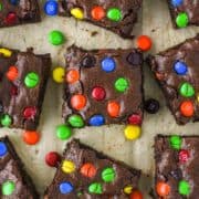 overhead shot of M&M brownies on parchment paper