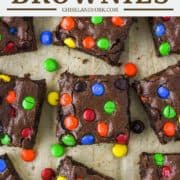 overhead shot of M&M brownies on parchment paper