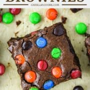 overhead shot of an M&M brownie on parchment paper