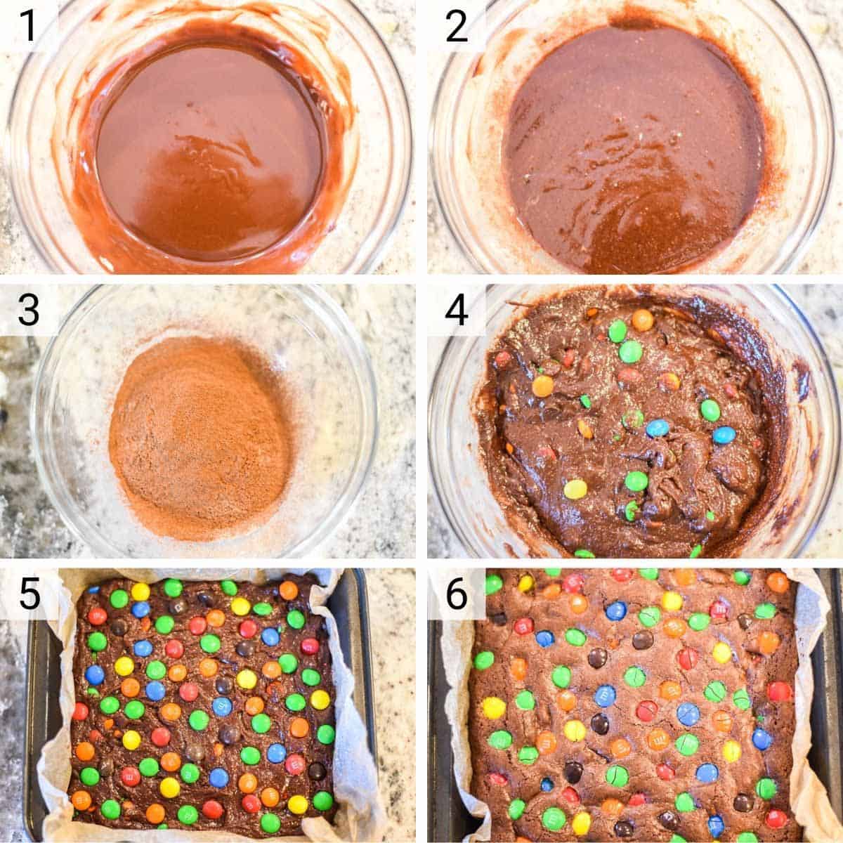process shots of how to make brownies with M&M's