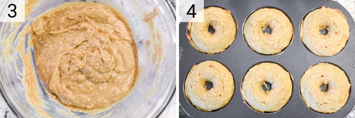 process shots of mixing wet ingredients in dry ingredients together in bowl and placing batter in donut pan and baking