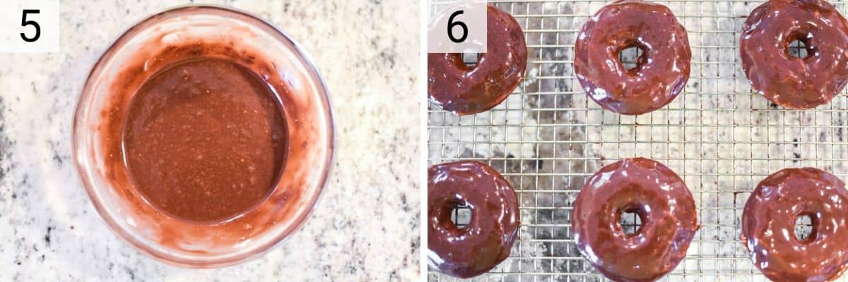 process shots of making chocolate glaze and dipping donuts in it
