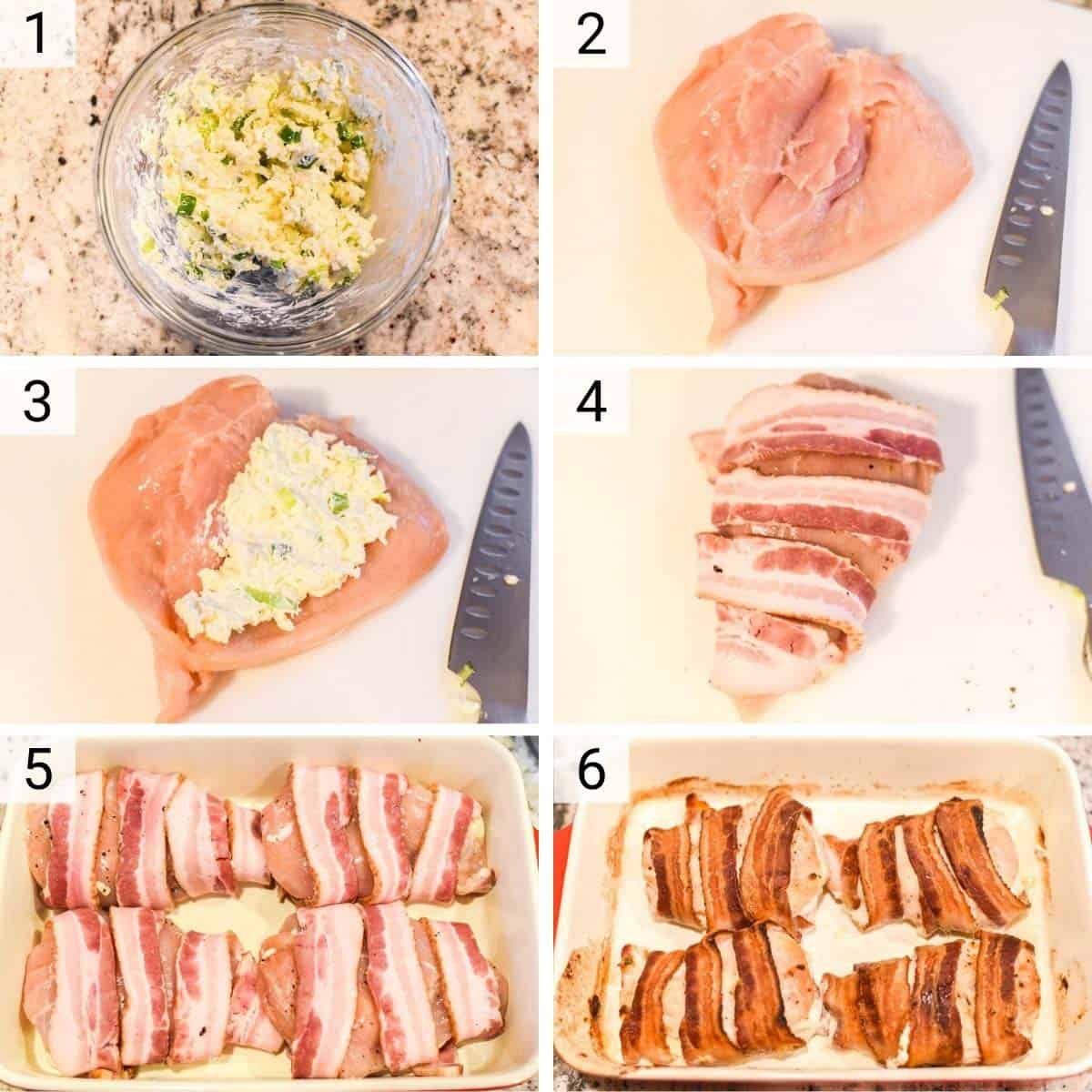 process shots of how to make bacon wrapped stuffed chicken