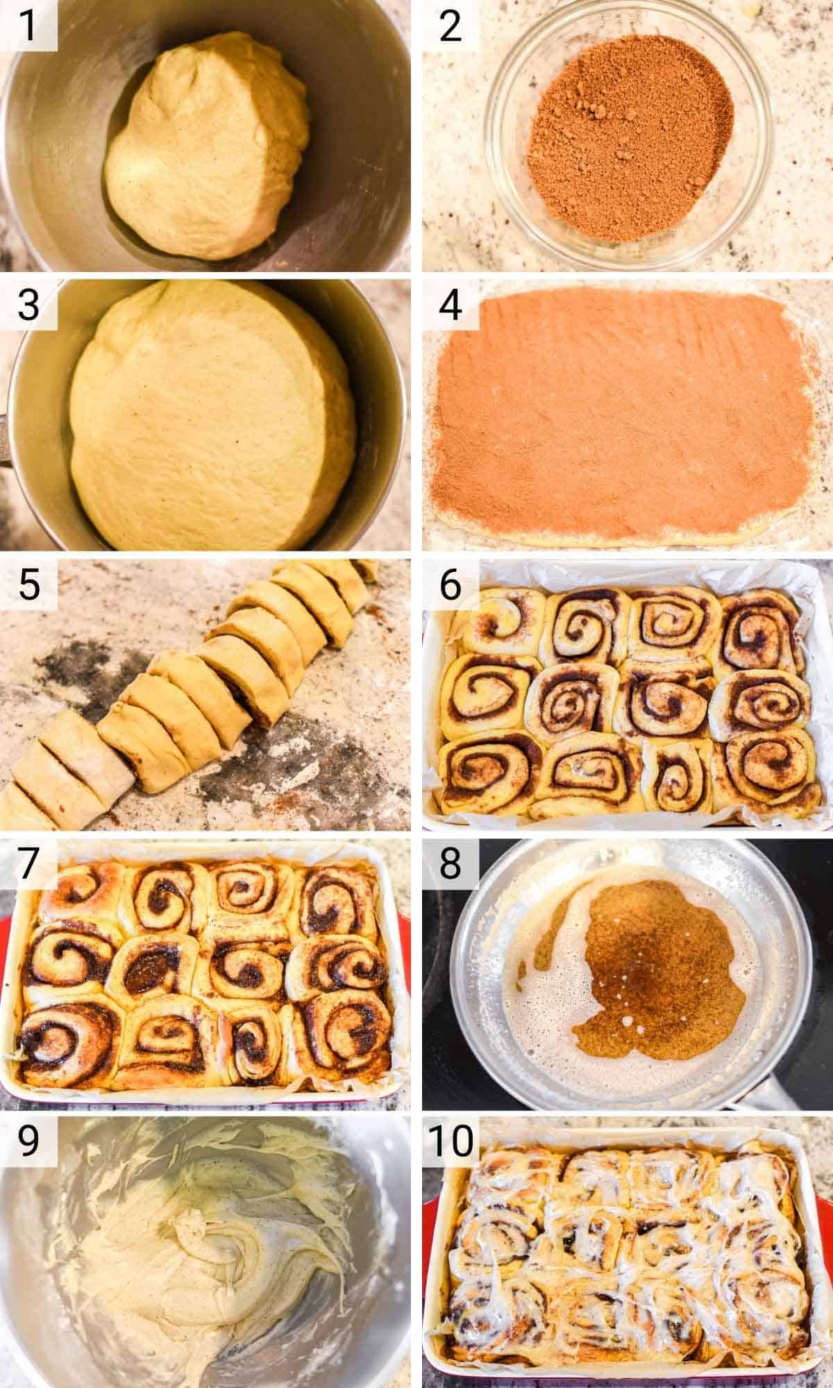 process shots of how to make brioche cinnamon rolls