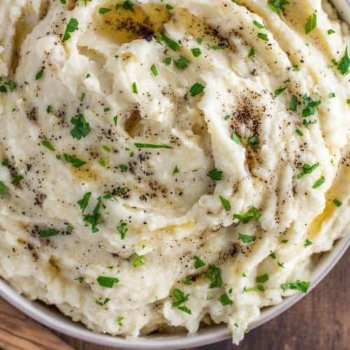 overhead shot of mashed potatoes made with brown butter in bowl