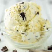 homemade ice cream with chocolate chips in glass bowl