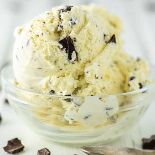 homemade ice cream with chocolate chips in glass bowl