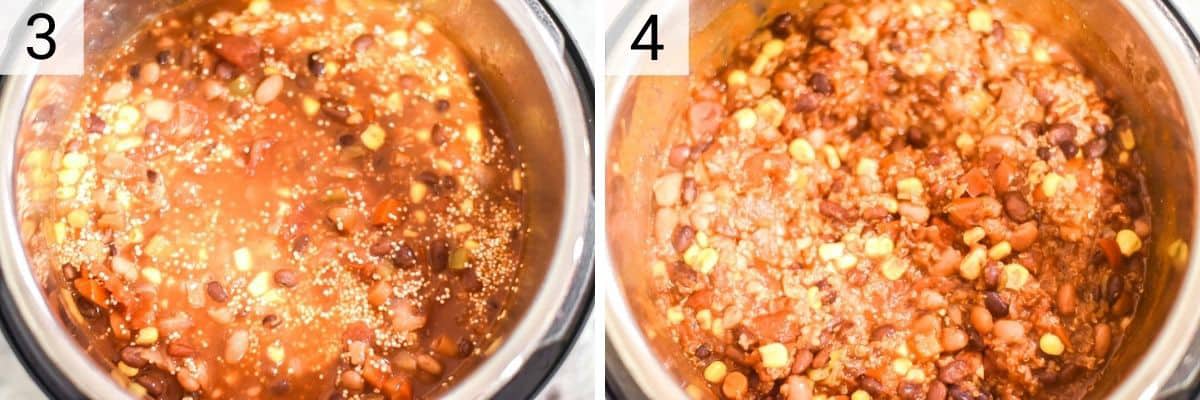 process shots of adding beans, quinoa, corn and broth and then cooking in Instant Pot