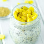 overnight oats with mango in glass jar