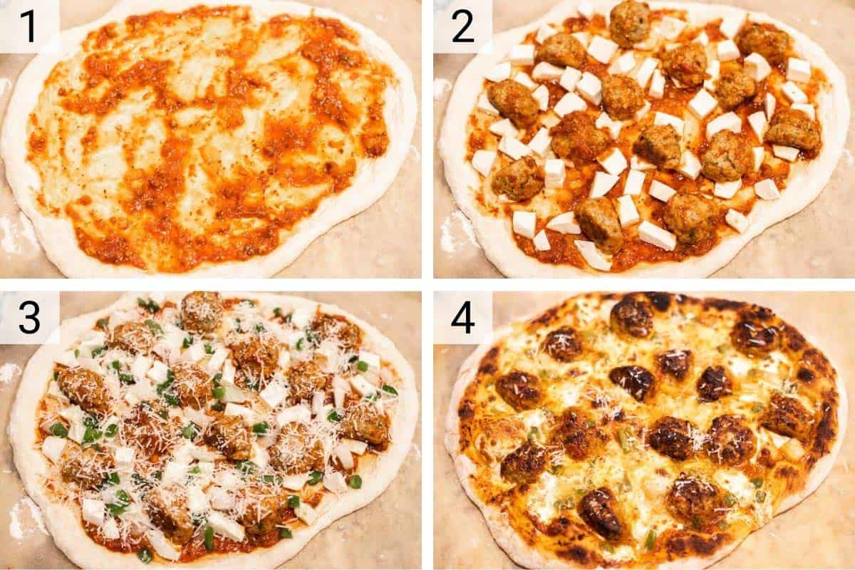 process shots of how to make meatball pizza