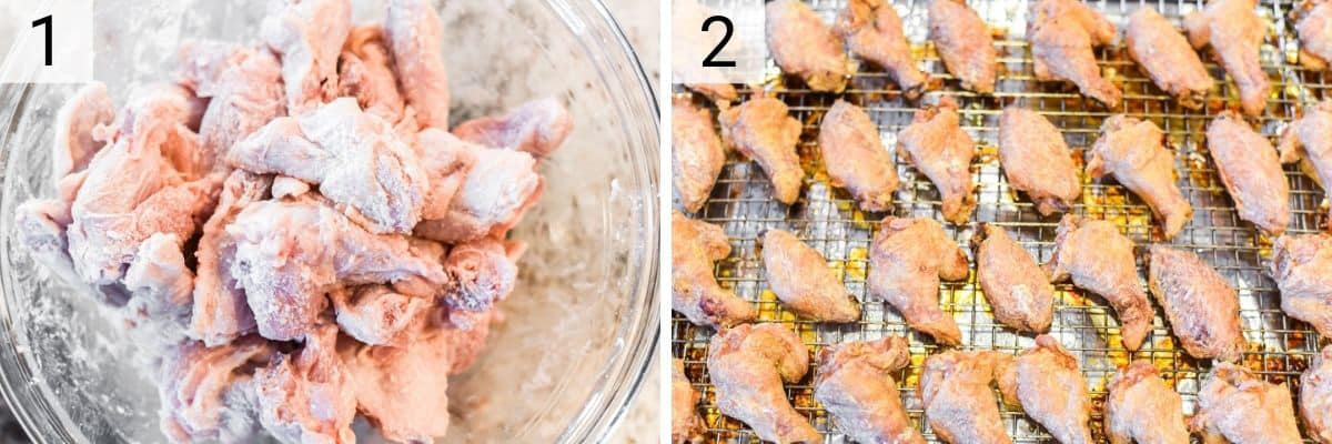 process shots of mixing chicken wings with baking powder and baking in oven