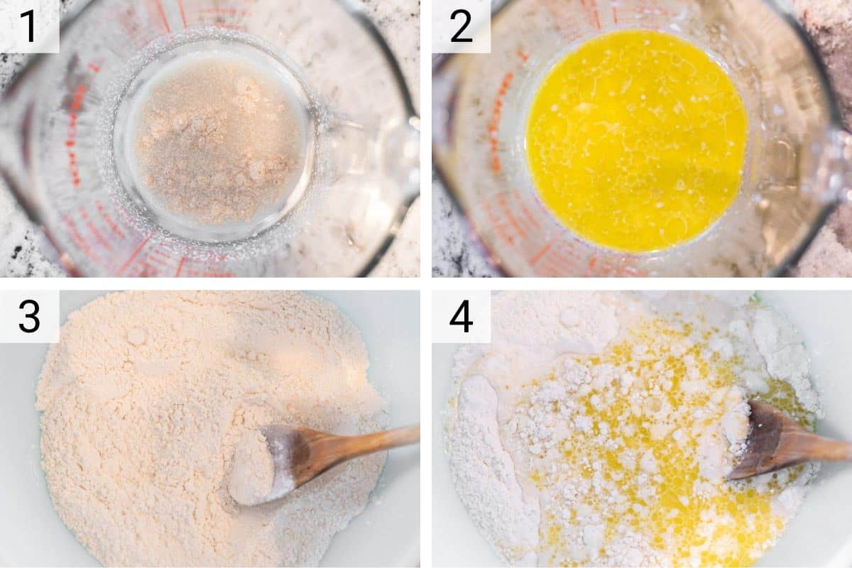 process shots of adding yeast to water and mixing flour and milk and butter in