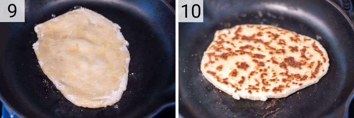 process shots of cooking naan in skillet