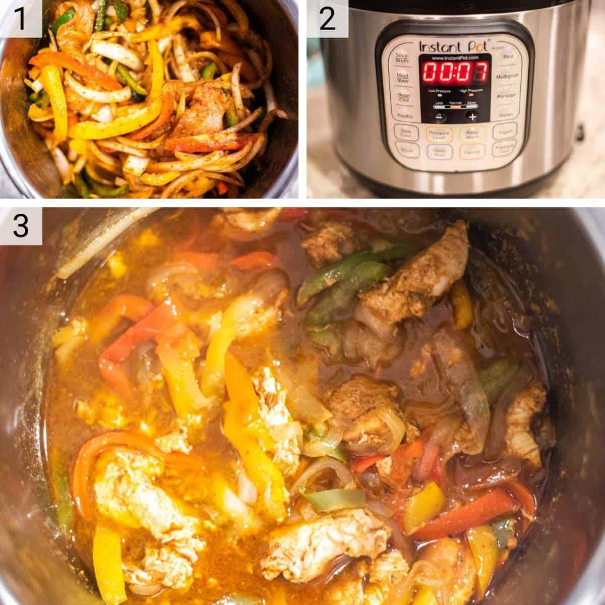 process shots of how to make chicken fajitas in Instant Pot