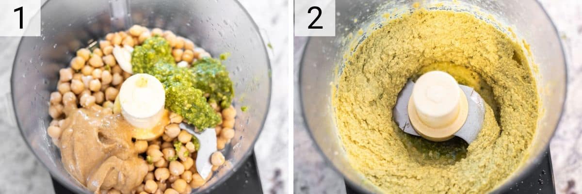 process shots of how to make pesto hummus