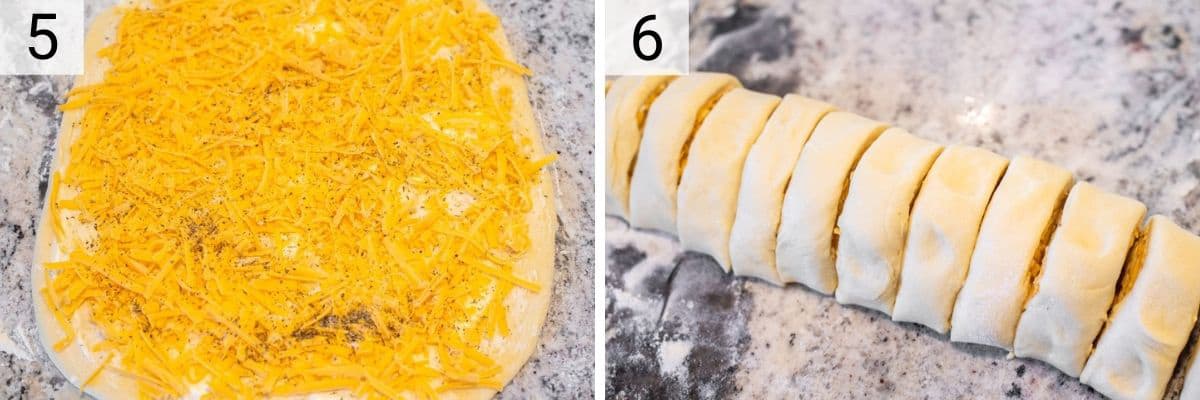 add cheese, herbs and butter to rolled out dough and then cutting it in slices