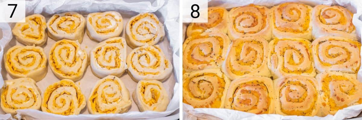 12 cheese rolls in baking pan and baked