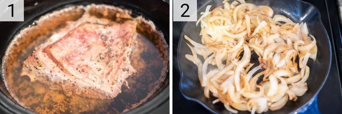 process shots of placing corned beef in slow cooker and caramelizing onions