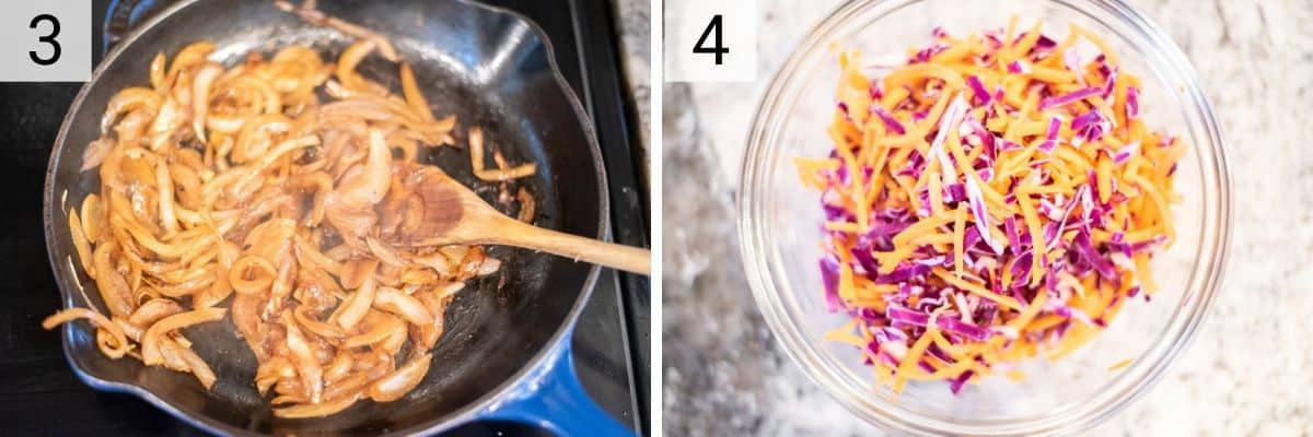 process shots of of caramelizing onions and mixing cabbage and carrots in glass bowl