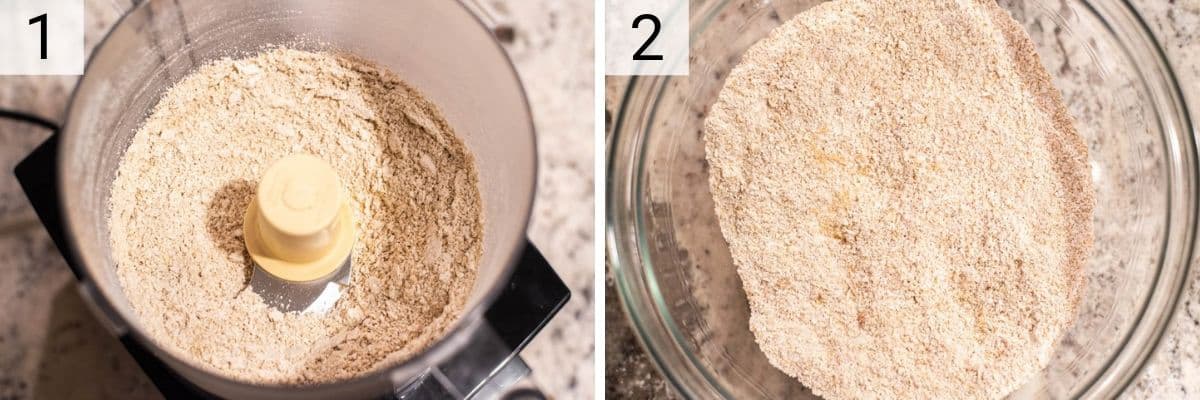 process shots of blending oats into flour and mixing dry ingredients in bowl