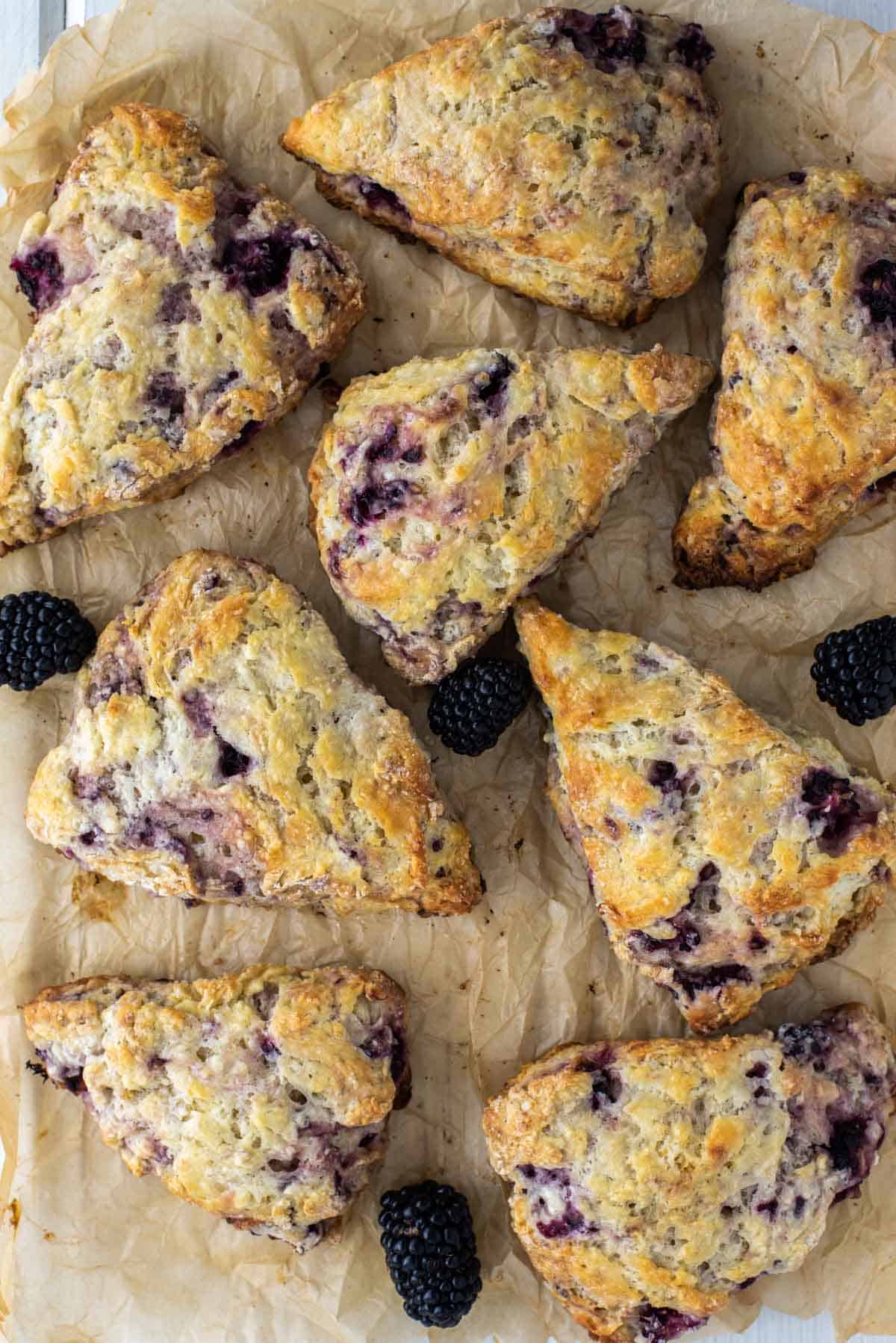 overhead shot of scones on parchment paper
