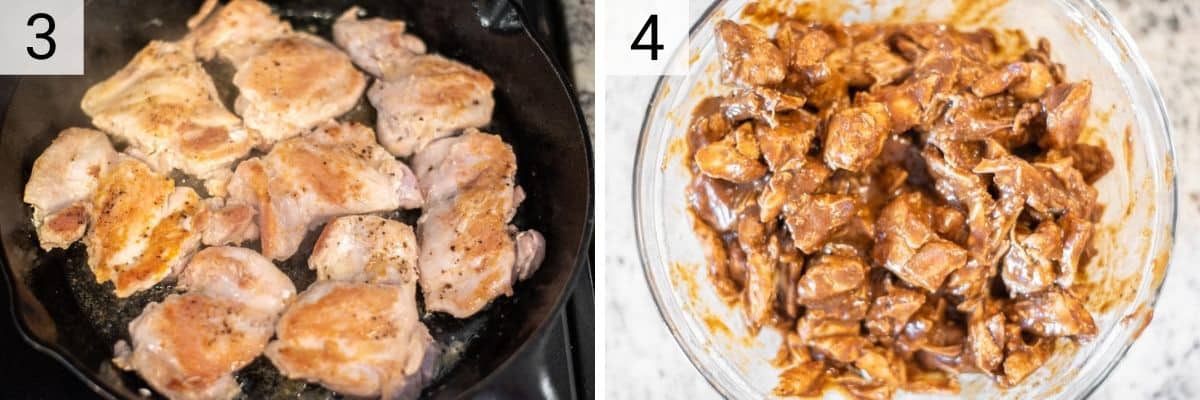 process shots of cooking chicken in skillet and tossing in mole sauce in a bowl