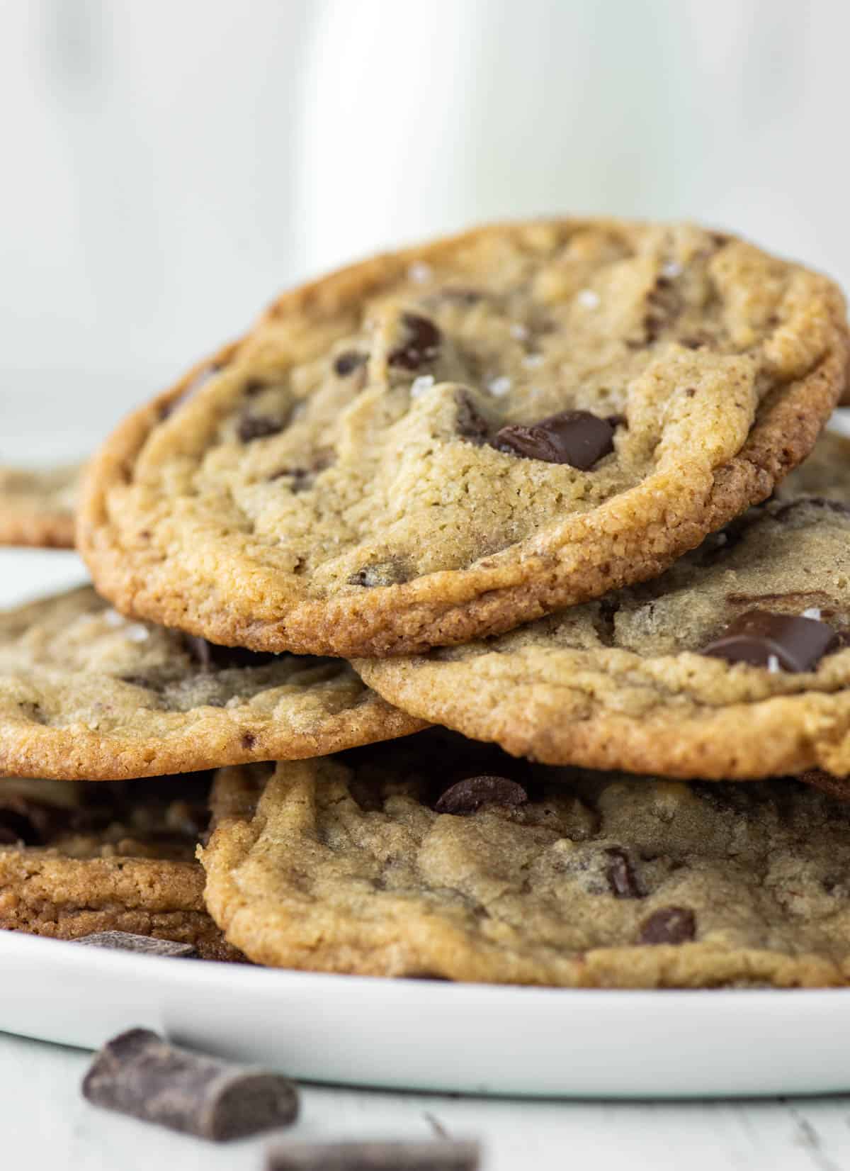 stacked chocolate chip cookies without eggs on plate
